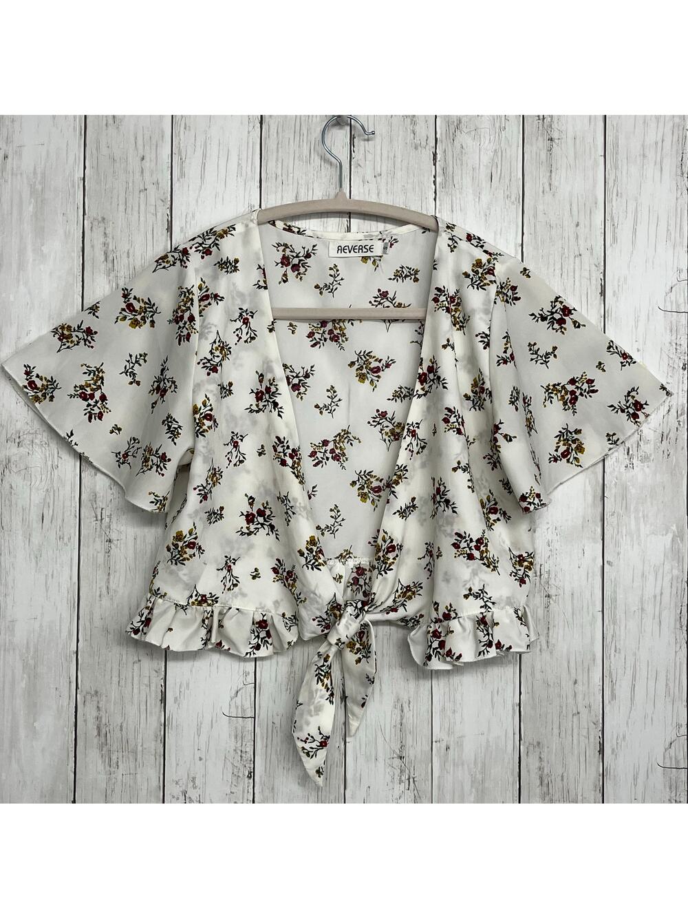 Reverse Floral Tie Front Crop Coquette White Rose Blouse Romantic Summer Shirt